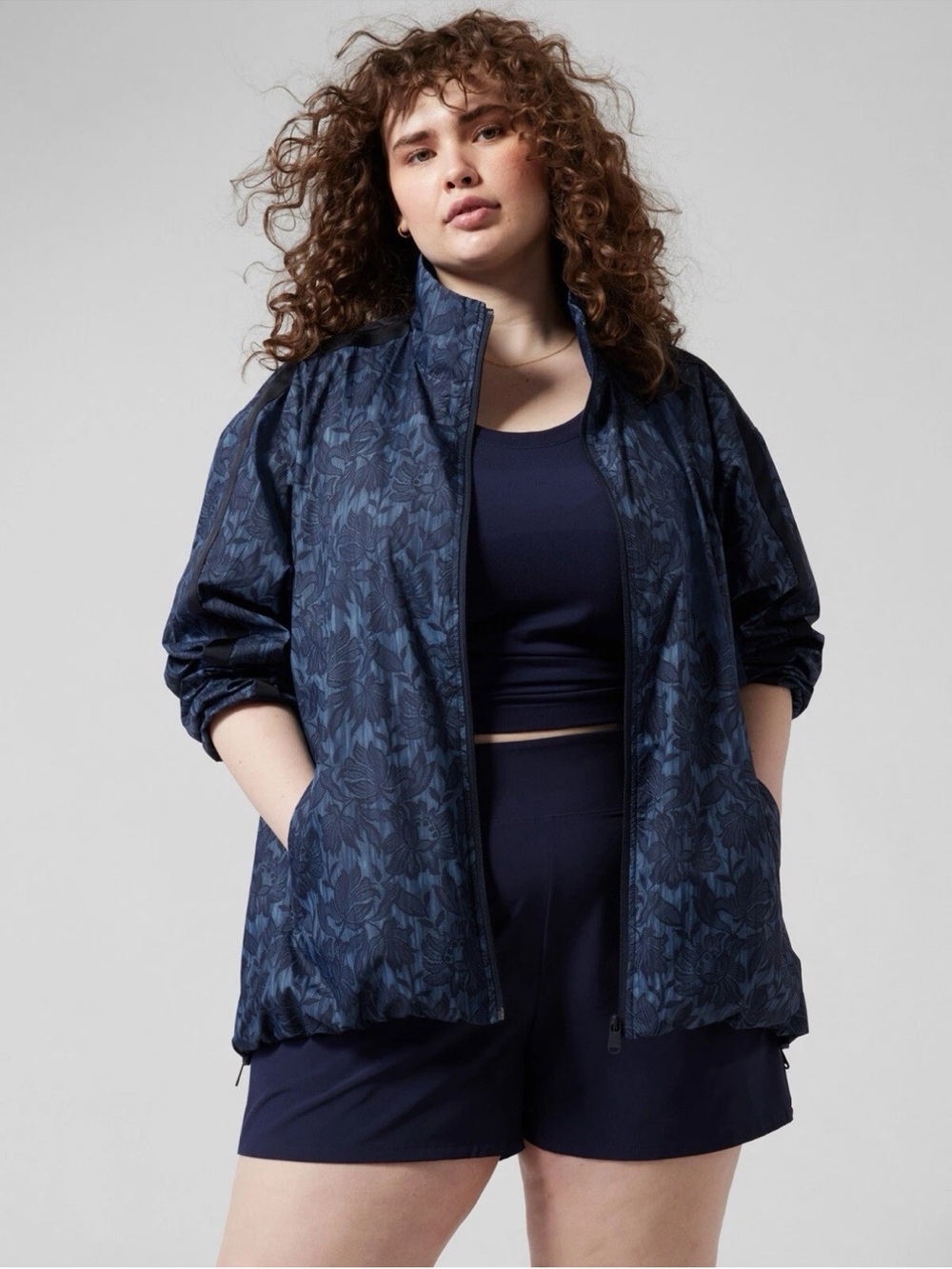 Athleta Sightseer Lace Floral Windbreaker Jacket Navy Blue Size 3X